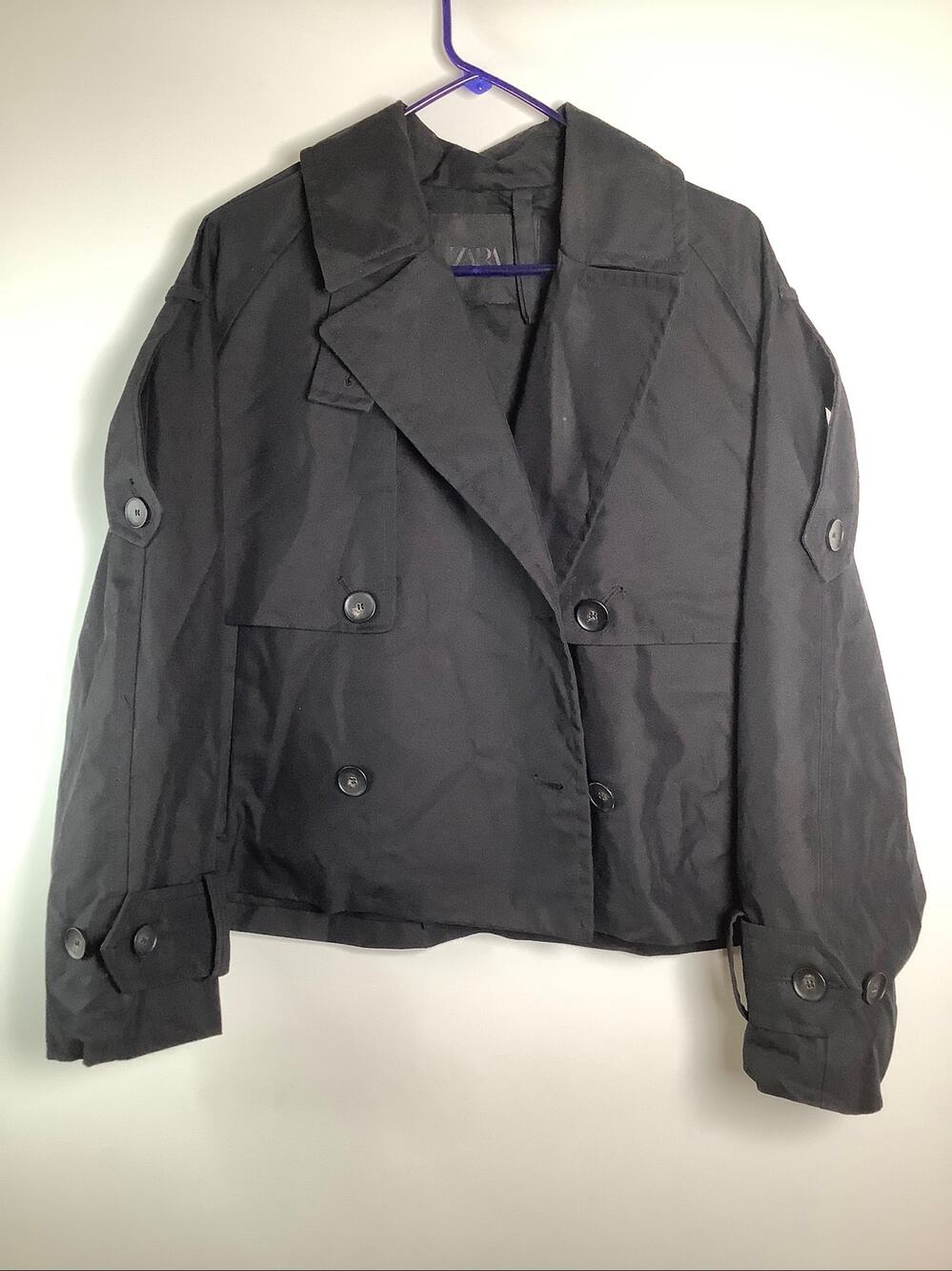 Zara Women's XL Black 100% Cotton Cropped Double Breasted Trench Jacket HR13-25